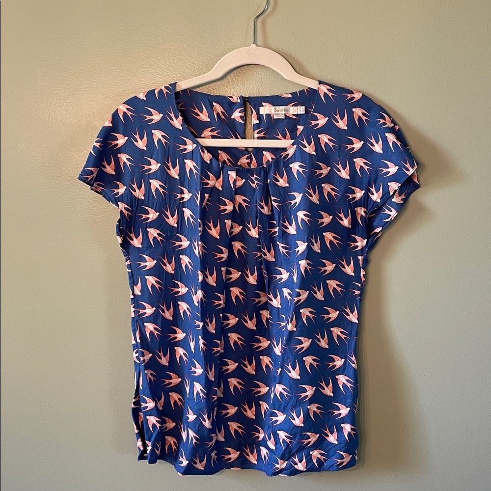 Boden Blue Blouse with Pink Bird Pattern